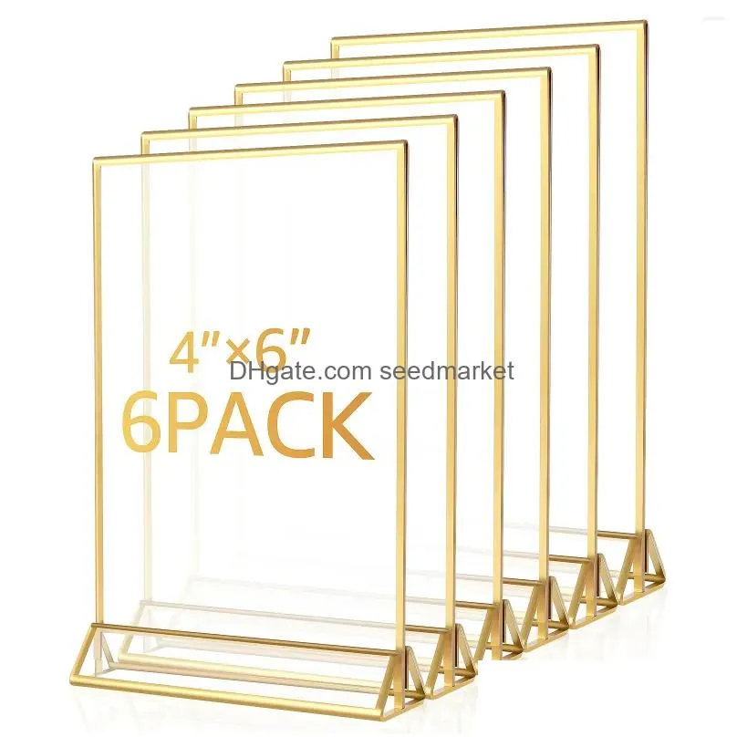 frames 6pcs acrylic sign holder clear double-side display stand gold border table flyer 4 x 6inch/5x7inch multipurpose menu