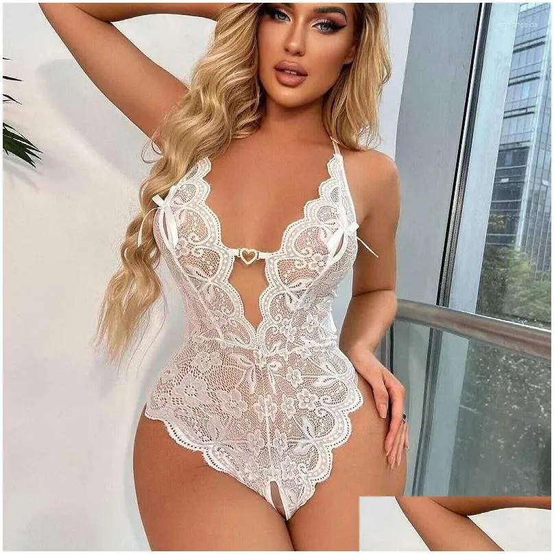 Women`s Sleepwear One Piece Close Fitting Clothes Transparent Lace Sexy V-neck Backless Crotch Free Open Lingerie Mini Short