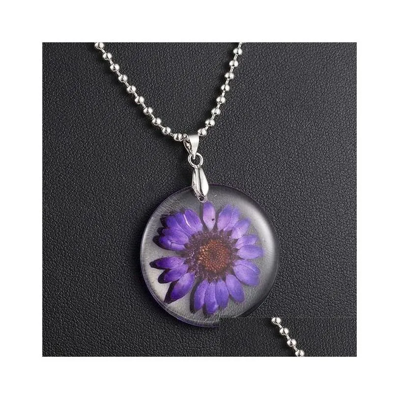 Pendant Necklaces Women Fashion Real Natural Dried Flower Necklace Simple Round Resin Pendant For Gift Jewelry Wholesale Drop Delivery