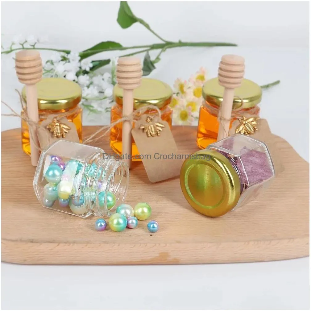 Storage Bottles & Jars 1.5 Oz Hexagon Glass Mini Honey With Wooden Dipper Small Golden Lids For Wedding Party Favors Baby Shower Drop Dhkdn