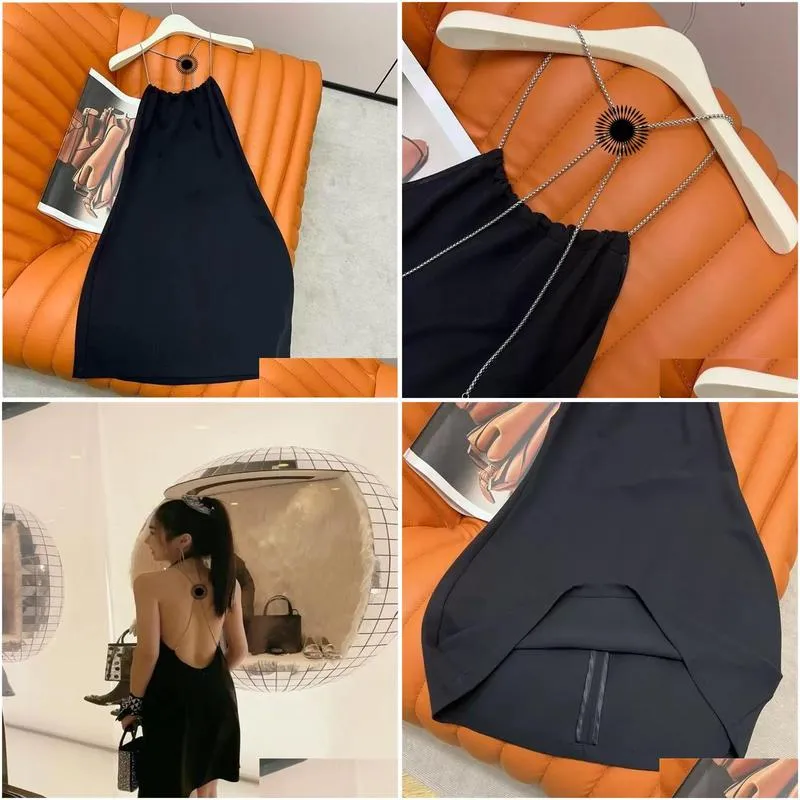 Backless Slip Dresses Triangle Label Bead Chain Sling Black Sexy Dress Slimming Off-the-shoulder Dress Skirt