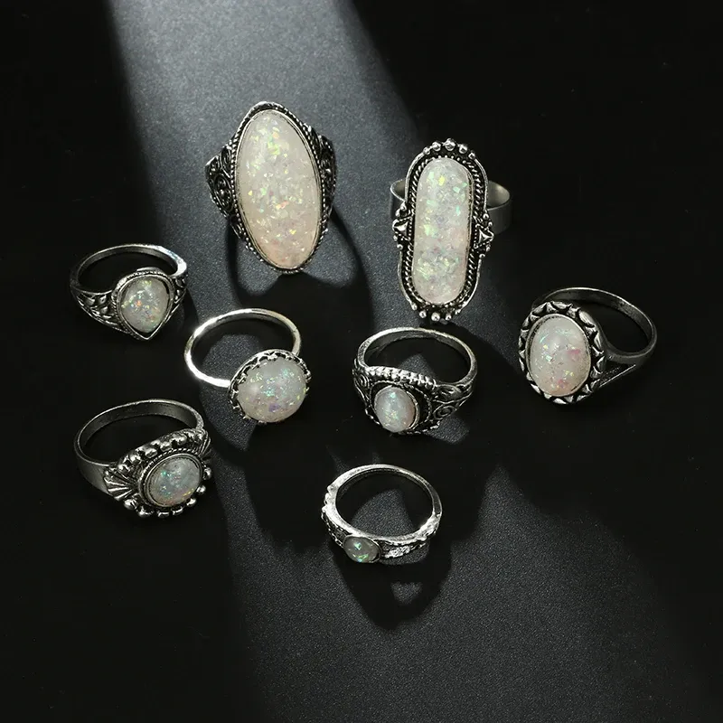 Tocona Vintage Antique Silver Color Rings Sets Colorful Opal Crystal Stone Rings for Women Men Bohemian Jewelry anillos 6421