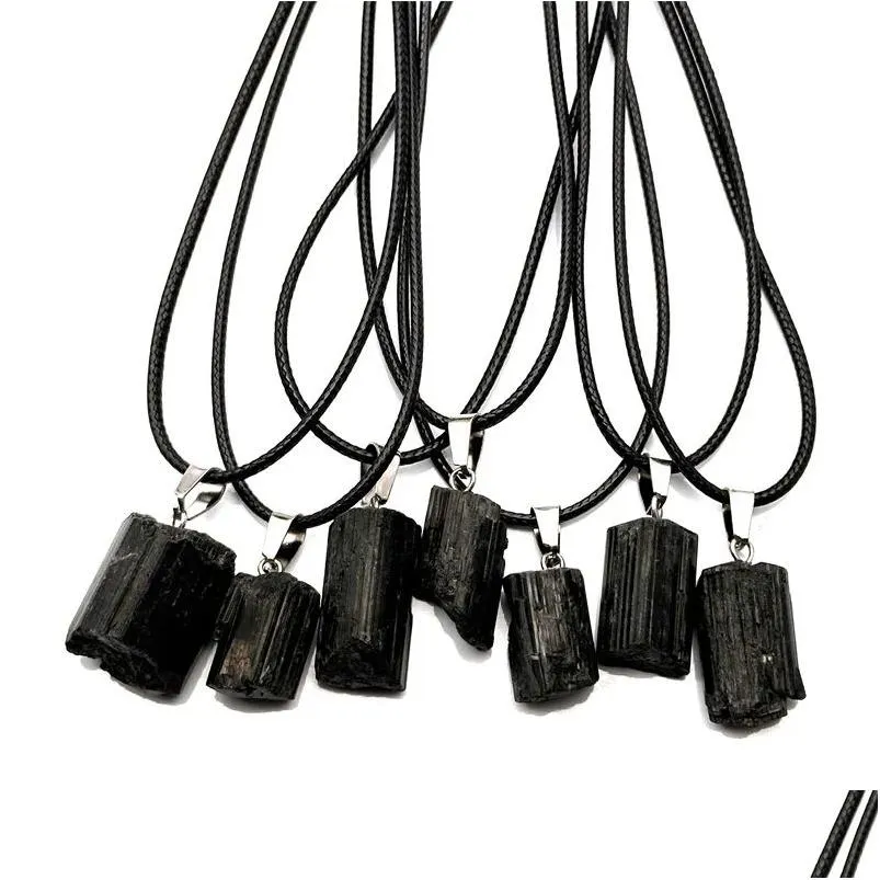 Pendant Necklaces Natural Irregar Tourmaline Black Quartz Charms With Rope Chain Necklace Energy Stone Healing Meditation Yo Dhgarden Dh7Xb