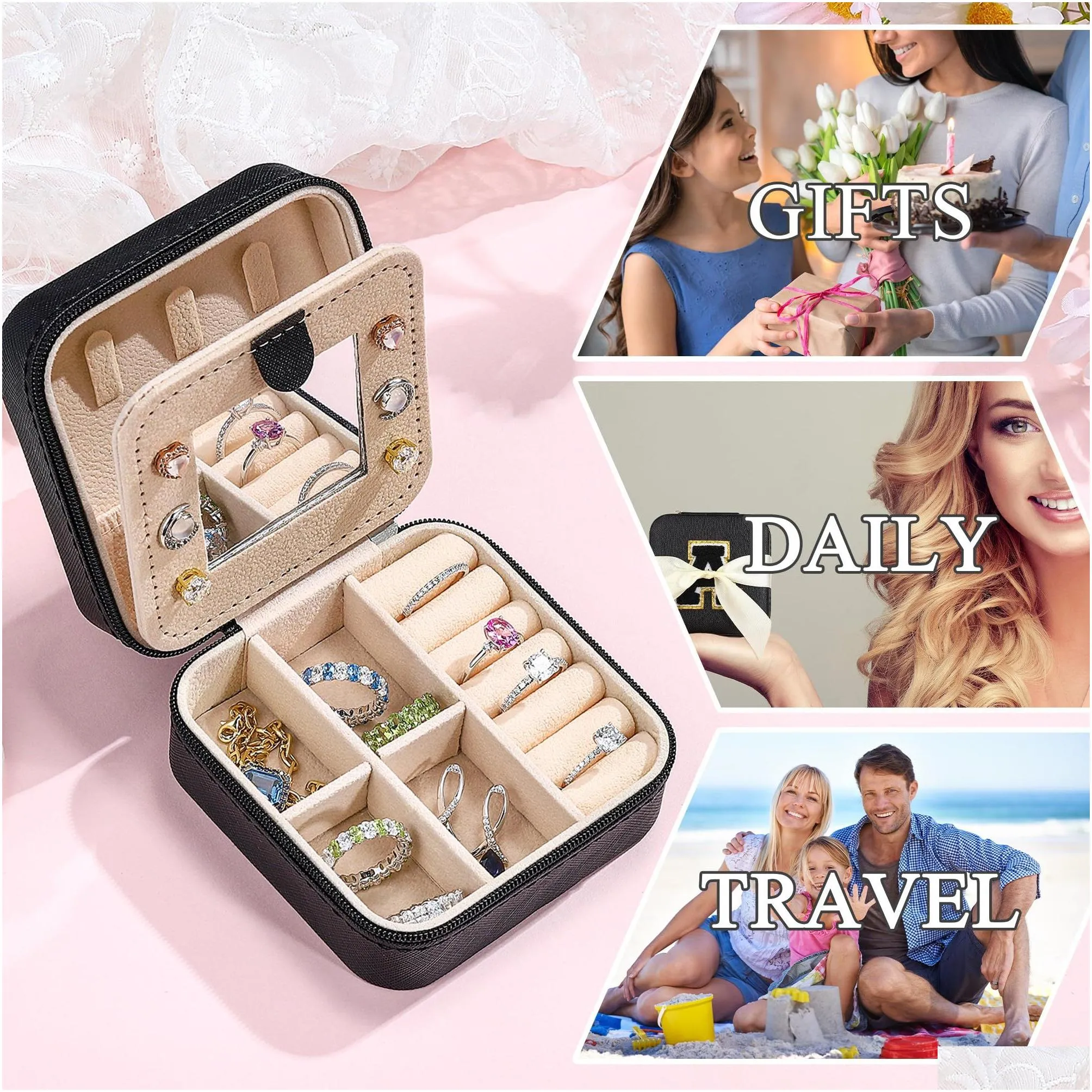 Black Color Travel Jewelry Case Boxes Personalized Gifts Birthday Gifts For Women Christmas Gifts For Teens Girls Initial Letters