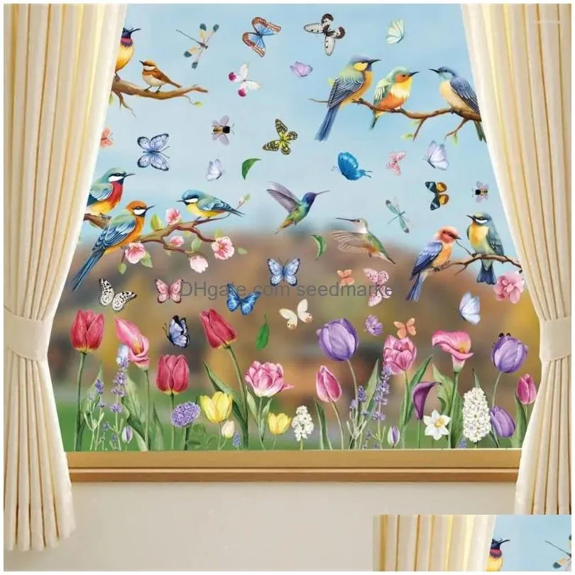 window stickers electrostatic colorful spring set with flowers birds butterflies waterproof pvc decoration for glass