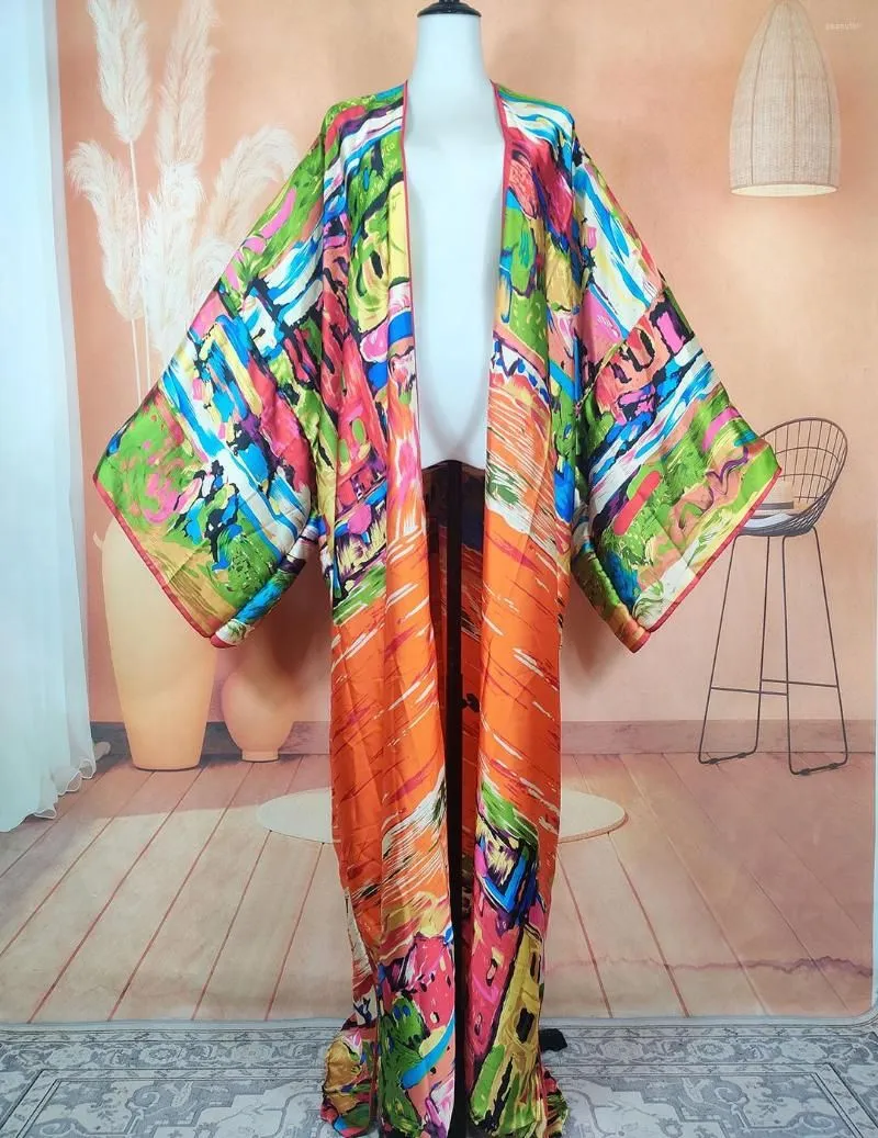 Ethnic Clothing African Dresses For Women Oversize Sexy Lady Summer Beach Silk Printed Long Cardigans Kuwait Muslim Rob Kimonos