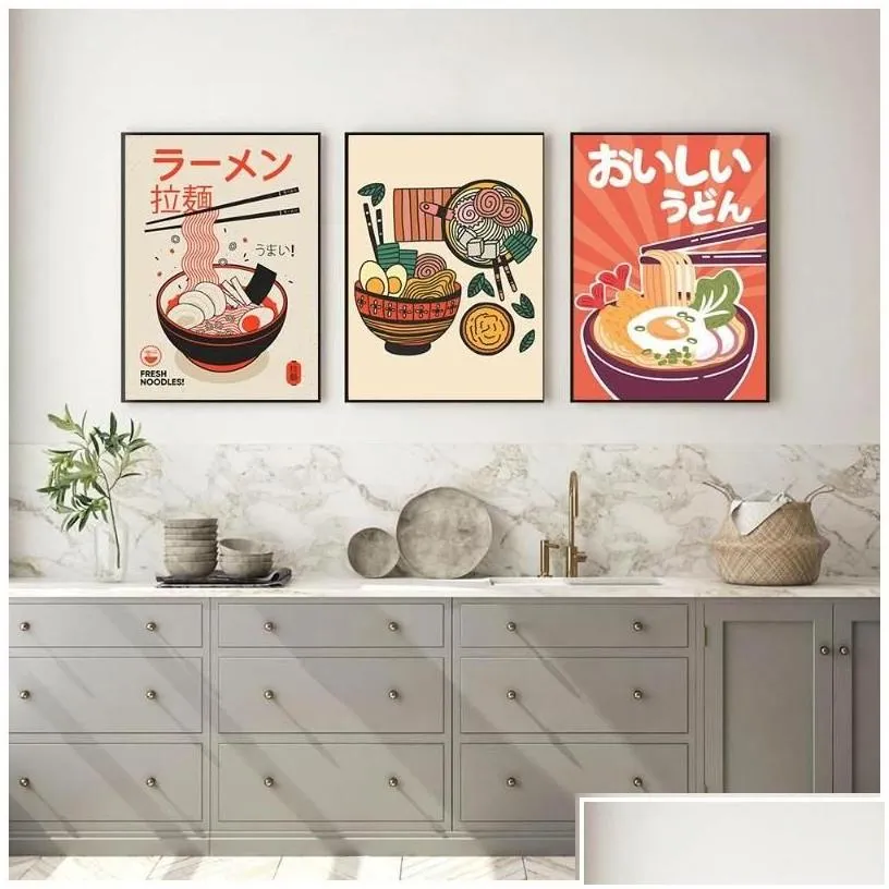 paintings ramen noodles with eggs canvas poster japanese vintage sushi food painting retro kitchen restaurant wall art decoration dr