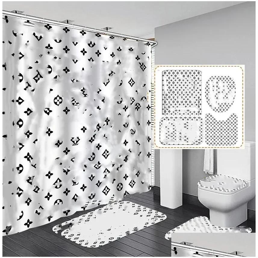 three-piece Cool Print Shower Curtains Sets High-grade Must Set Bathroom Anti-peeping Non-slip Deodorant Bath Toilet Mats