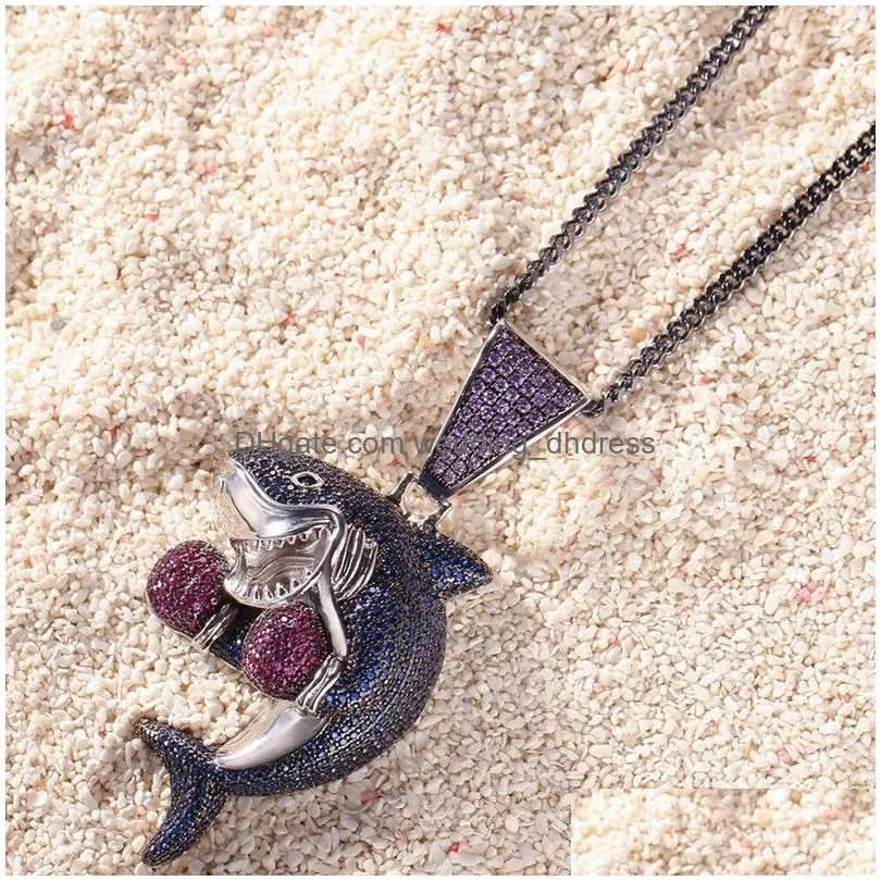 iced out boxing shark pendant necklace fashion mens hip hop jewelry gold silver cuban chain necklaces