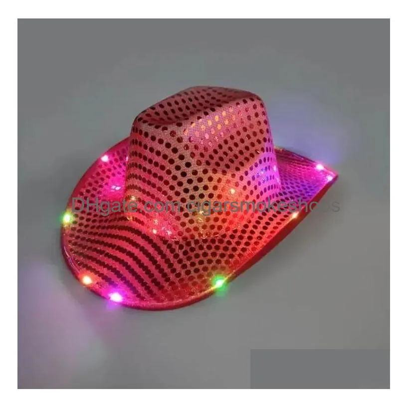 Party Hats Cowgirl Led Hat Flashing Light Up Sequin  Luminous Caps Halloween Costume Wholesale Fy7970 Drop Delivery Home Garden Dhwoo