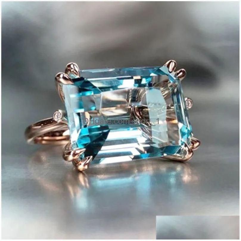 4 claw sky blue band ring for women romantic rose gold color horizontal rectangular shape fashion girl rings