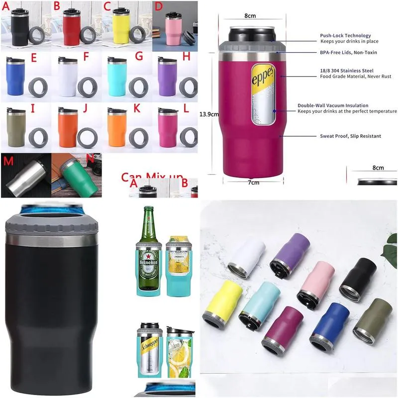 Tumblers 14 Colors 4-In-1 Can Cooler Tumbler 14Oz Coffee Mug Stainless Steel Vacuum Cold Cans Holder For 12Oz Beer Bottles Outdoor Por Dhtcz
