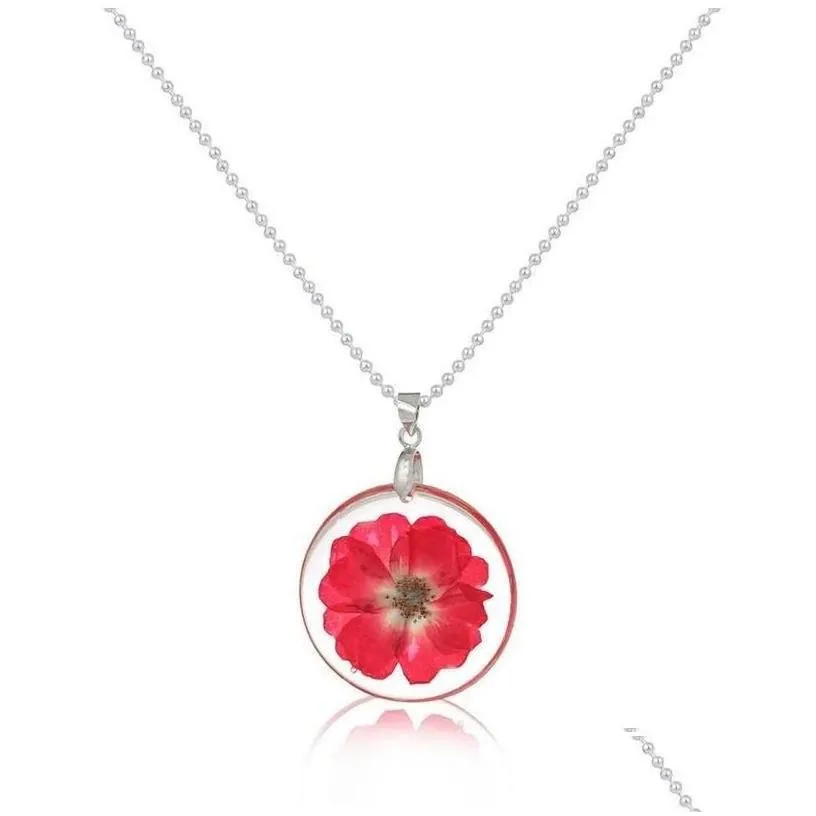 Pendant Necklaces Women Fashion Real Natural Dried Flower Necklace Simple Round Resin Pendant For Gift Jewelry Wholesale Drop Delivery