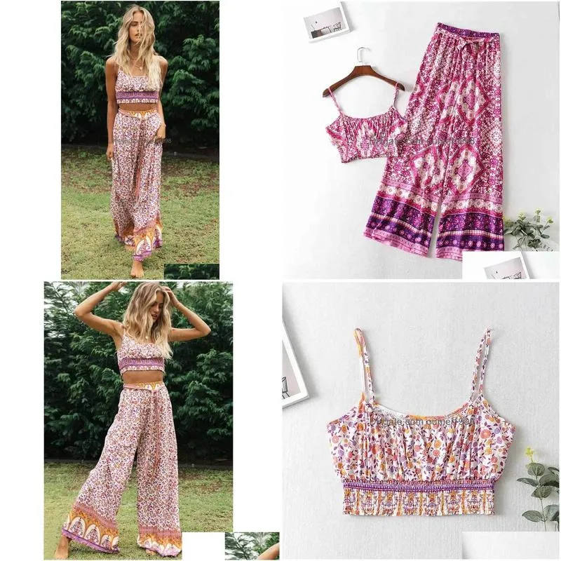 Women`S Two Piece Pants Inspired Women Outfits Strap Sleeveless Tops Bohemian Sashes Dstring 2 Pieces Rayon Cotton Sets 210412 Drop D Dhsdr