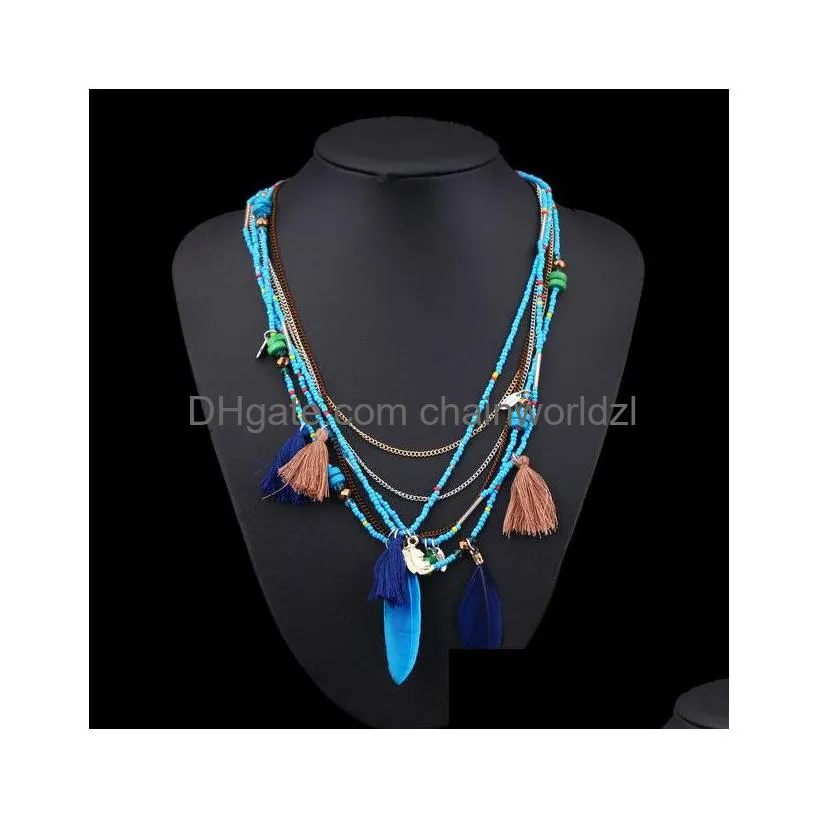  2019 fashion boho multilayer woven long tassel statement necklace pendants ethnic collar choker necklace women jewelry