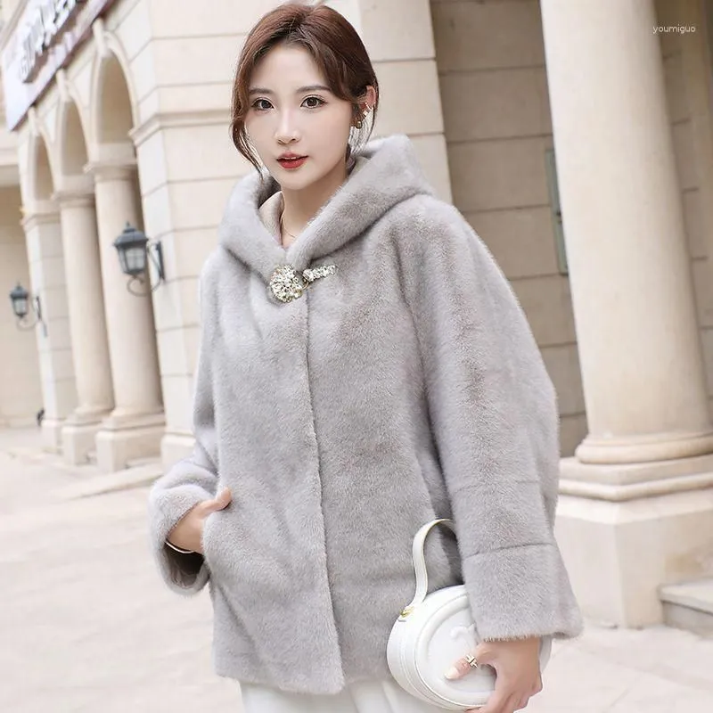 Women`s Fur 2023 Imitation Mink-like Wool Leather Coat Loose Hooede Short Outwear Thicken Warm Casual Top Simple Solid Color Outcoat