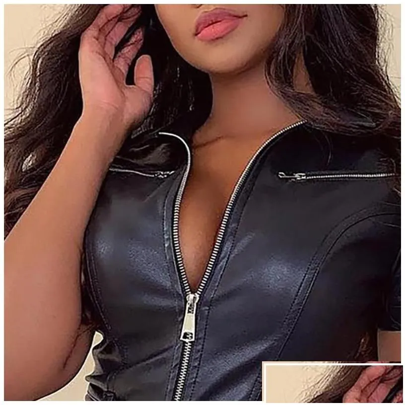 womens jumpsuits rompers pu leather womens jumpsuit summer sashes zip up short y black bodycon overalls drop delivery apparel clot