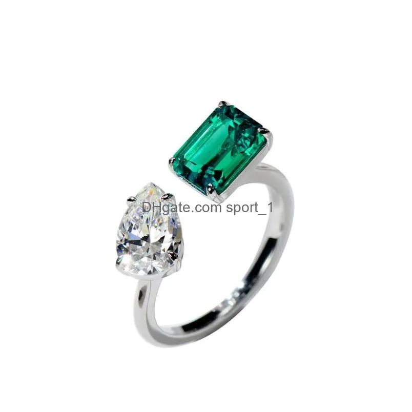ins simple fashion jewelry wedding rings 925 sterling silver water drop emerald cz diamond gemstones party eternity women open adjusable ring
