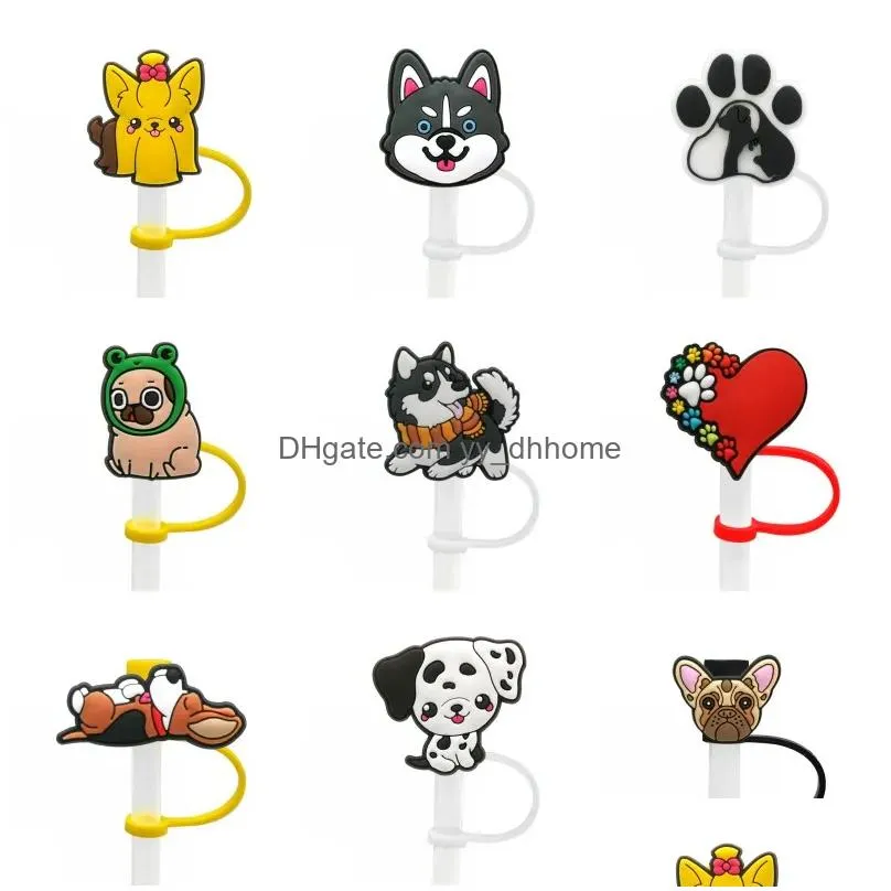 9pcs/set animals dog tumbler straw toppers cover molds charms reusable splash proof drinking dust plug decorative 8mm straw