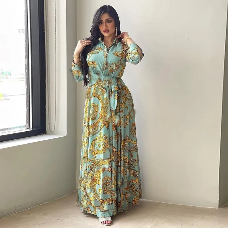Ethnic Clothing Fashion French Elegant Maxi Dresses For Women Retro Print Muslim Dubai Abaya Lapel Single-breasted Long Sleeve Shirt Dress