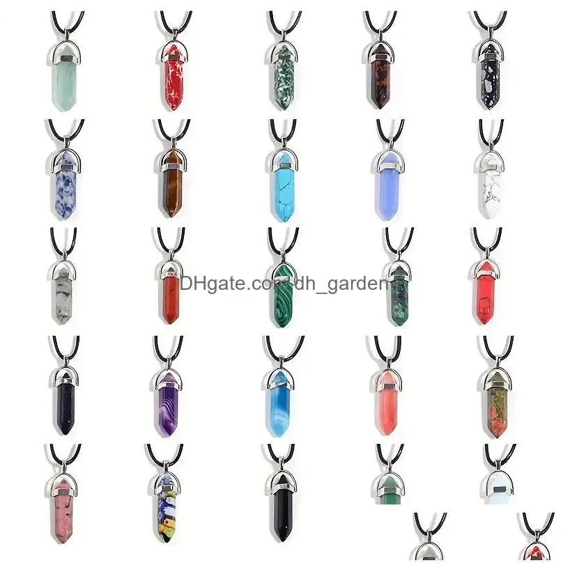 Pendant Necklaces Natural Stone Crystal Necklace Pu Leather Rope Couple Gift Lucky Hexagon Pillar For Men Drop Delivery Jewel Dhgarden Dhpur