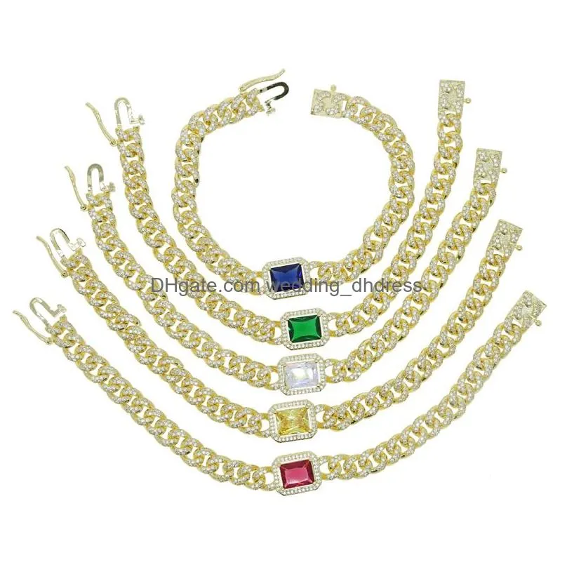 rectangle colorful cubic zirconia paved charm cuban chain bracelet for women men hip hop jewelry with gold plated drop ship