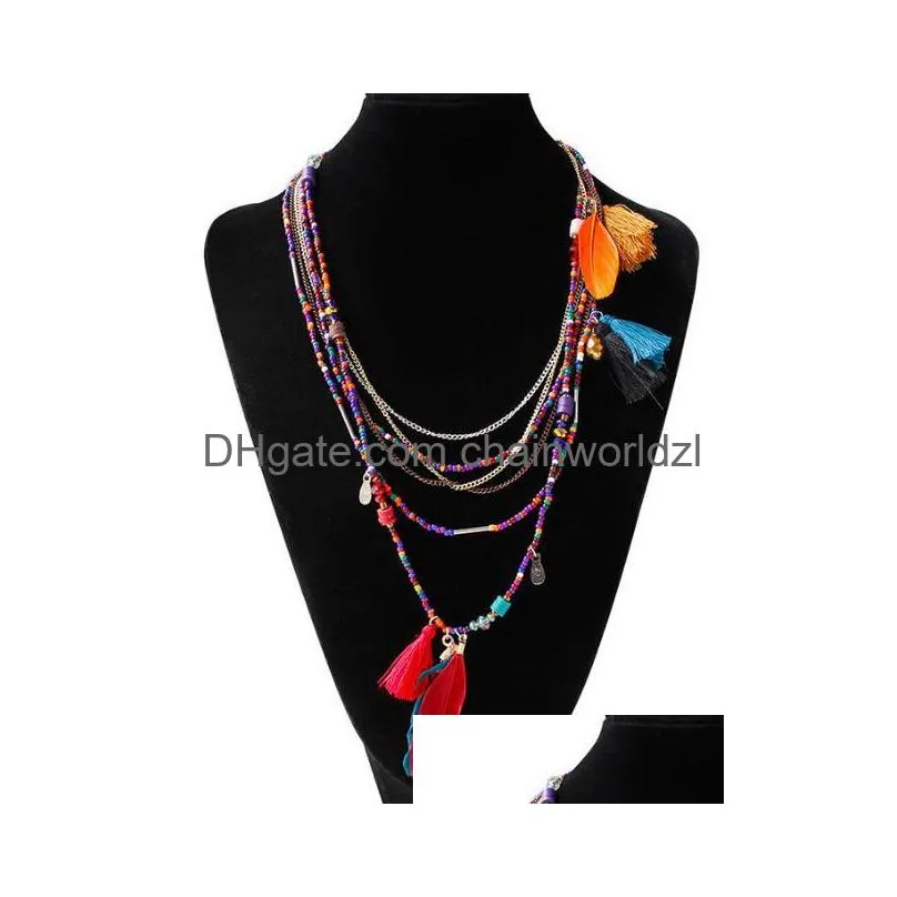  2019 fashion boho multilayer woven long tassel statement necklace pendants ethnic collar choker necklace women jewelry