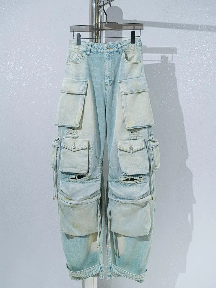 Women`s Jeans Spring 2023 Summer Big Pockets Y2k Women Designer Washes Ripped Holes Loose Straignt Denim Pants Trousers ZN240