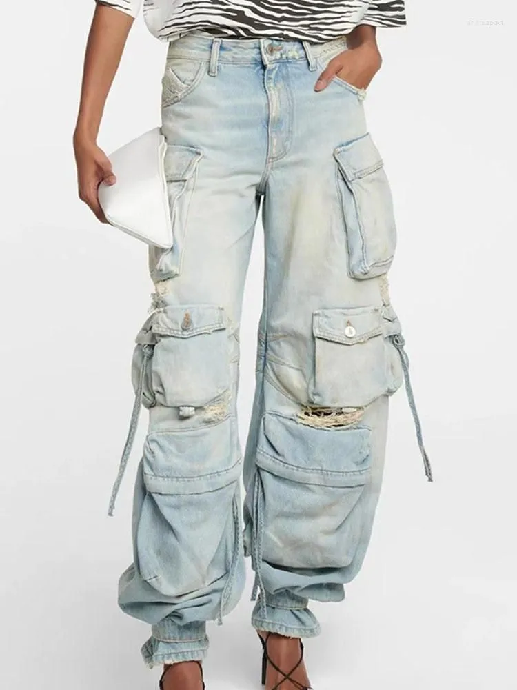 Women`s Jeans Spring 2023 Summer Big Pockets Y2k Women Designer Washes Ripped Holes Loose Straignt Denim Pants Trousers ZN240