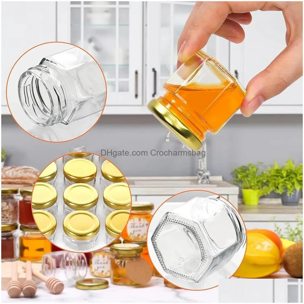Storage Bottles & Jars 1.5 Oz Hexagon Glass Mini Honey With Wooden Dipper Small Golden Lids For Wedding Party Favors Baby Shower Drop Dhkdn
