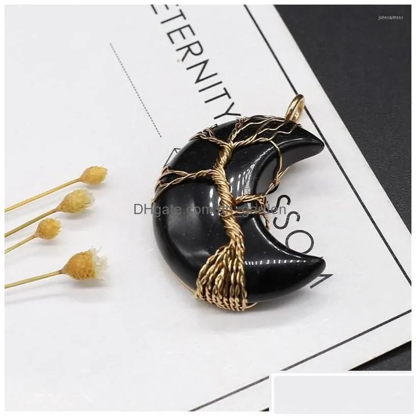 Pendant Necklaces Pendant Necklaces Natural Stone Pendants Gold Color Wire Wrap Moon Amethysts Black Agates For Jewelry Maki Dhgarden