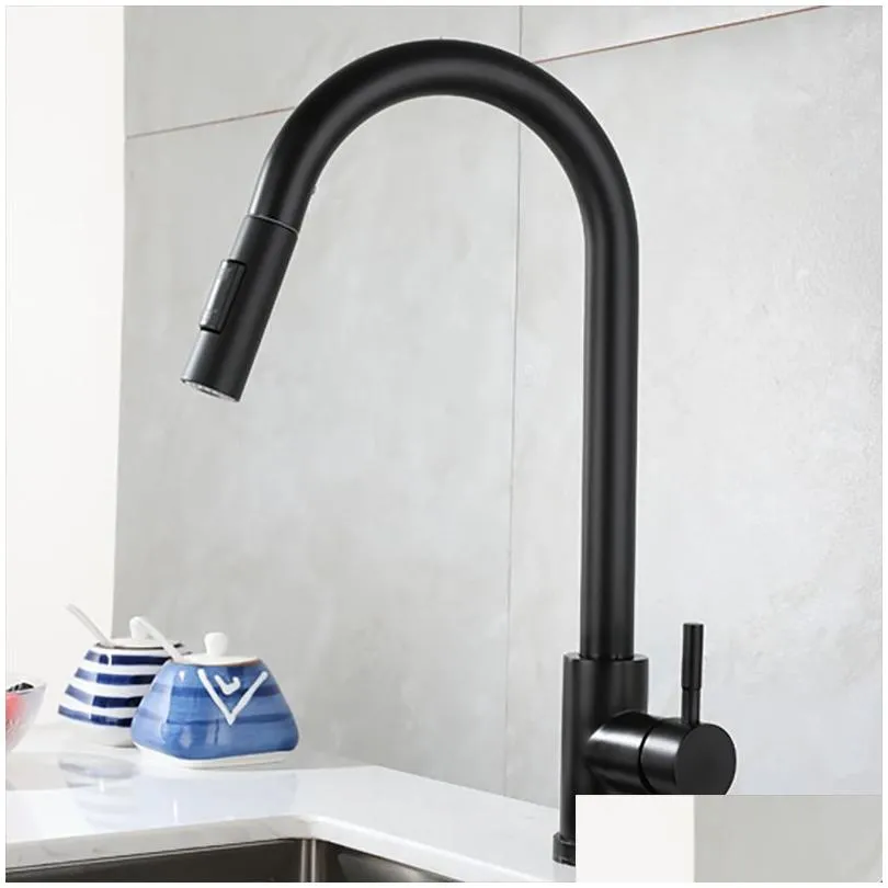 Kitchen Faucets Black Faucet Two Function Single Handle Pull Out Mixer and Cold Water Tap Deck Mounted Stream Sprayer Head 221103