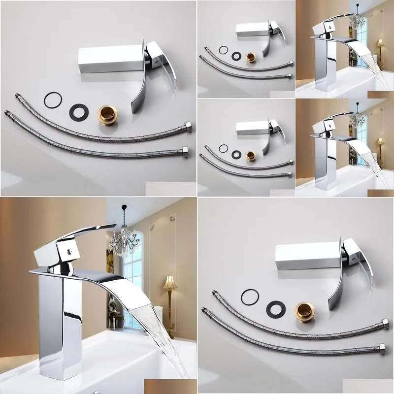 Faucets Deck Mount Bathroom Waterfall Faucets Vanity Vessel Basin Sinks Mixer Taps Waterfall Spout Chrome Home Cold And Hot Water Taps