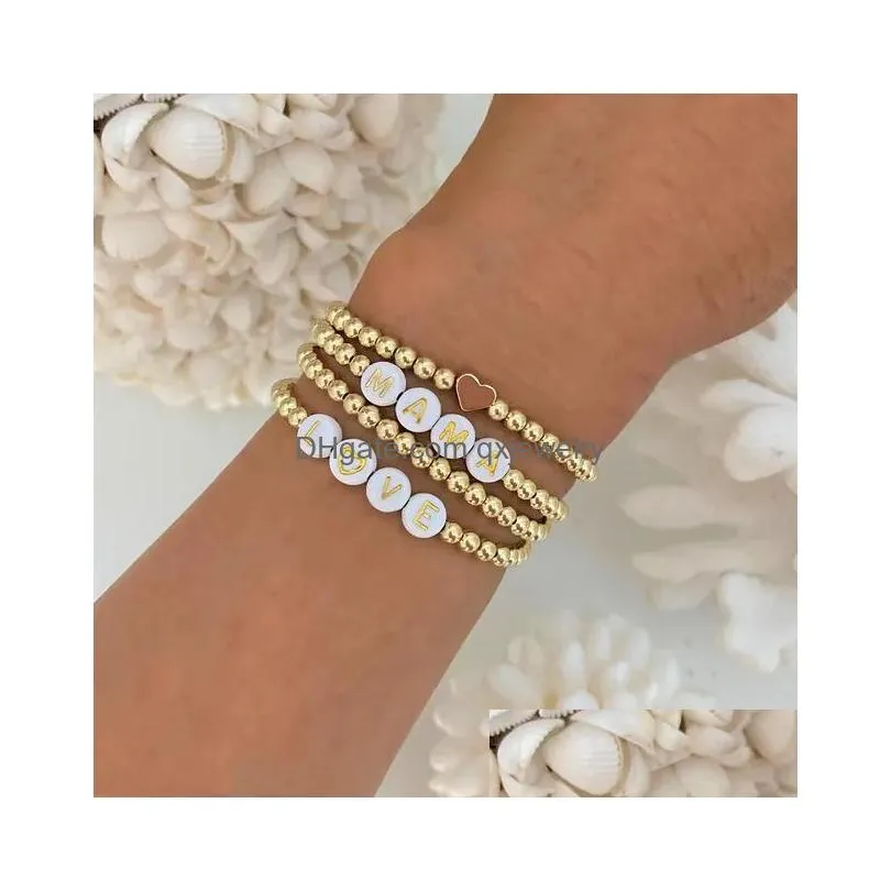 Beaded Strand Shinus 4Pcs/5Pcs/ Lot Heart Bracelets Gold Color Heishi Beads Bracelet For Women Polymer Clay Love Mama Letter Jewelry Dhg9O