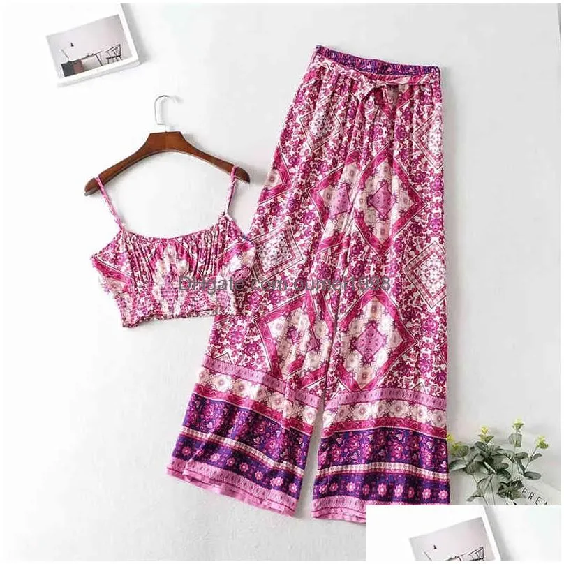 Women`S Two Piece Pants Inspired Women Outfits Strap Sleeveless Tops Bohemian Sashes Dstring 2 Pieces Rayon Cotton Sets 210412 Drop D Dhsdr