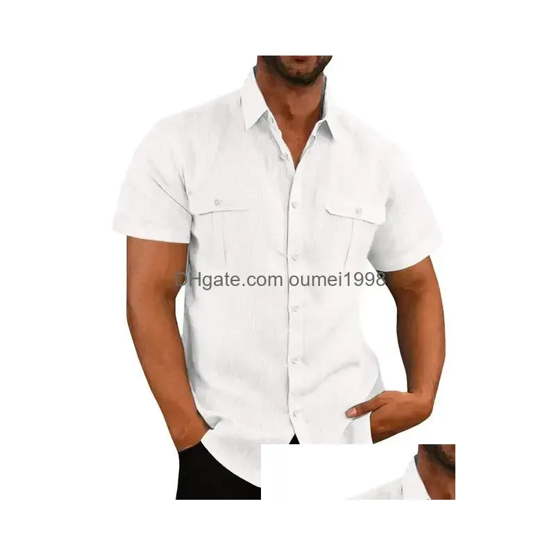 Men`S Casual Shirts Brand New Cott Linen Mensshort-Sleeved Summer Solid Color Turn-Down Collar T-Shirt Shirt Male Breathable 12Uq Dro Dhho8
