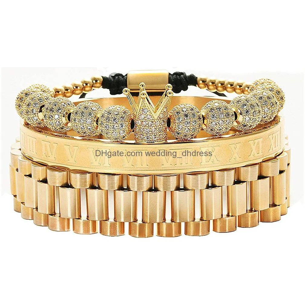 3pcs/set imperial crown king mens bracelet pave cz gold bracelets for men luxury charm fashion cuff bangle birthday jewelry