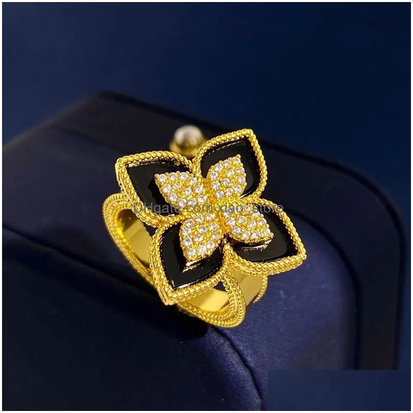brand luxury clover designer band rings for women girls sweet 4 leaf flower 18k gold shining crystal diamond love ring party wedding