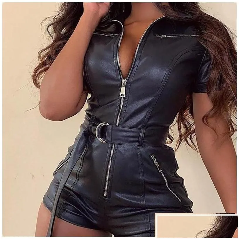 WomenS Jumpsuits Rompers Pu Leather Womens Jumpsuit Summer Sashes Zip Up Short Y Black Bodycon Overalls Drop Delivery Apparel Clot