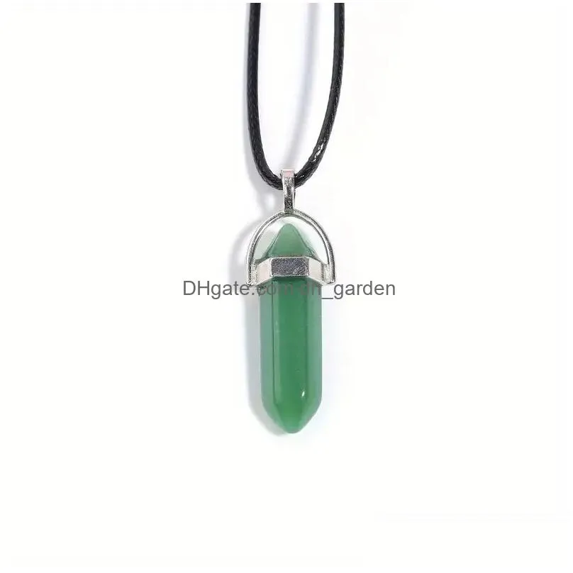 Pendant Necklaces Natural Stone Crystal Necklace Pu Leather Rope Couple Gift Lucky Hexagon Pillar For Men Drop Delivery Jewel Dhgarden Dhpur