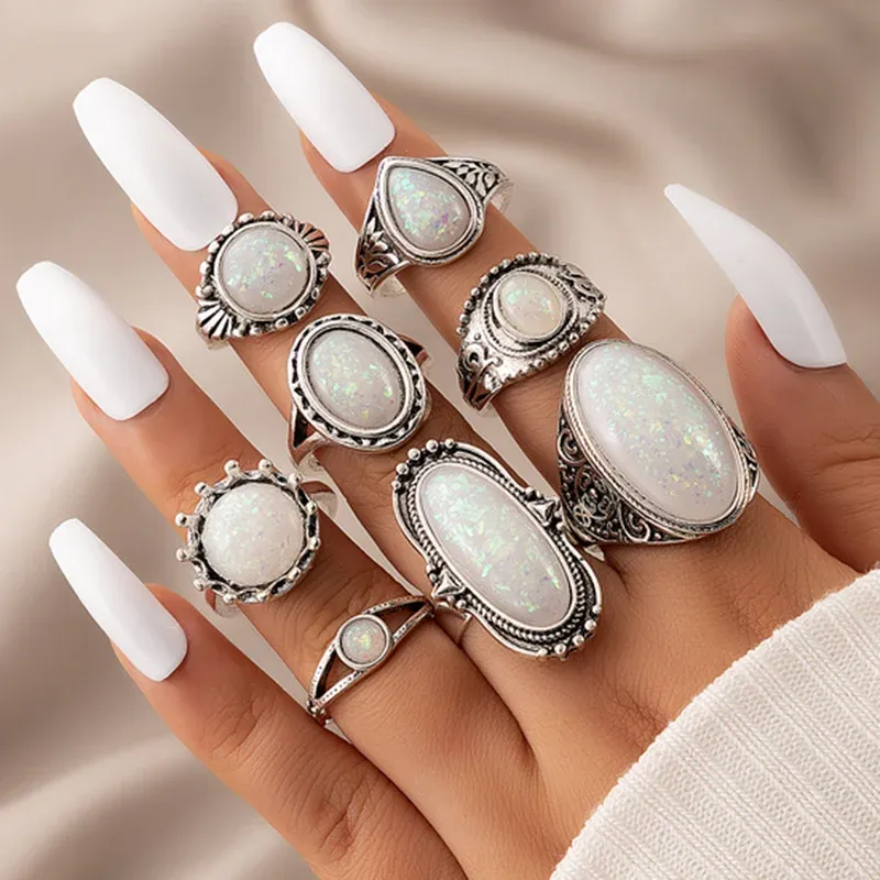 Tocona Vintage Antique Silver Color Rings Sets Colorful Opal Crystal Stone Rings for Women Men Bohemian Jewelry anillos 6421