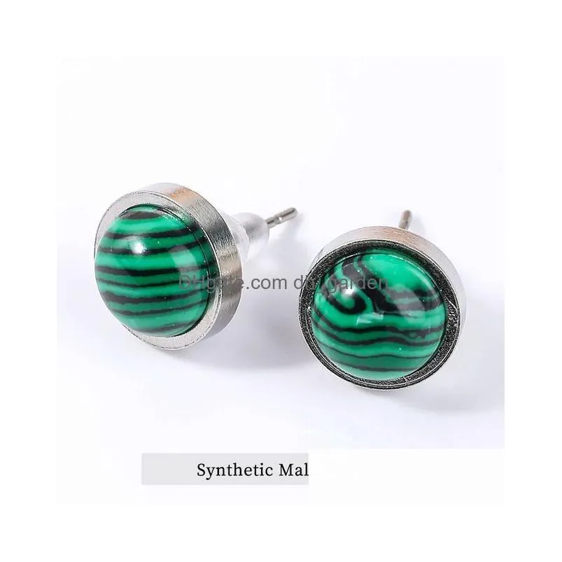 Stud 10Mm Stainless Steel Inlay Natural Crystal Lapis Lazi Goldstone Malachite Turquoise Agate Earrings Vintage Elegant Tem Dhgarden Dhoal