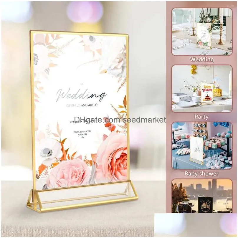 frames 6pcs acrylic sign holder clear double-side display stand gold border table flyer 4 x 6inch/5x7inch multipurpose menu