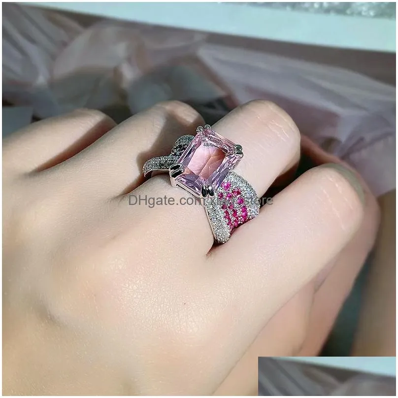 lovely pink cz zircon diamond stone rings for women girls nice elegant love luxury designer cute big square stone chinese finger ring