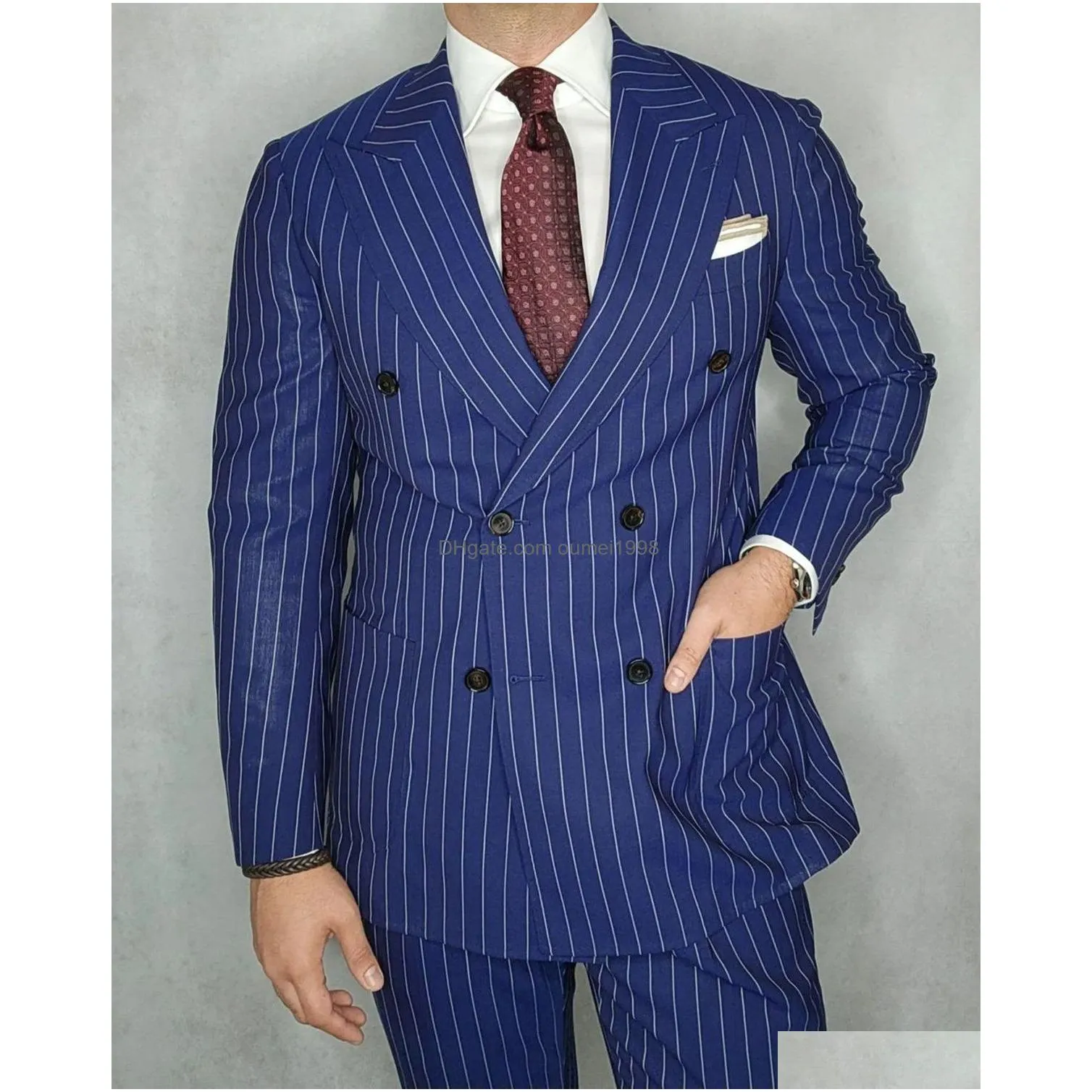 Men`S Suits & Blazers Navy Blue Mens Suit 2 Pieces Blazer Pants Double Breasted Peaked Lapel Pinstripes Busin Modern Wedding Groom Co Dh4Ol