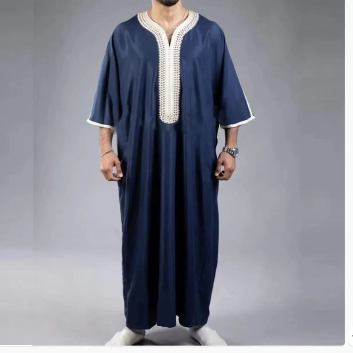 Ethnic Clothing Summer Kaftan Muslim Men Short Sleeve Embroidery Loose Breathable Casual Robe Islamic Abaya 230529