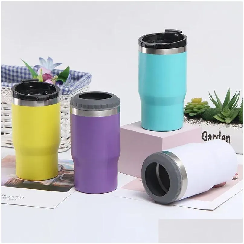 Tumblers 14 Colors 4-In-1 Can Cooler Tumbler 14Oz Coffee Mug Stainless Steel Vacuum Cold Cans Holder For 12Oz Beer Bottles Outdoor Por Dhtcz