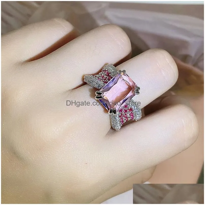 lovely pink cz zircon diamond stone rings for women girls nice elegant love luxury designer cute big square stone chinese finger ring