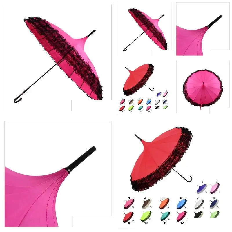 Umbrellas Women Fashion 16K Pagoda Lace Parasol Princess Long-Handle Windproof Clear Umbrella Gift Rain Drop Delivery Dh6Tg
