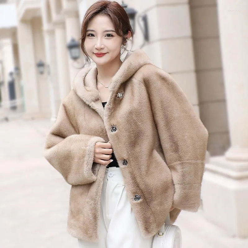 Women`s Fur 2023 Imitation Mink-like Wool Leather Coat Loose Hooede Short Outwear Thicken Warm Casual Top Simple Solid Color Outcoat